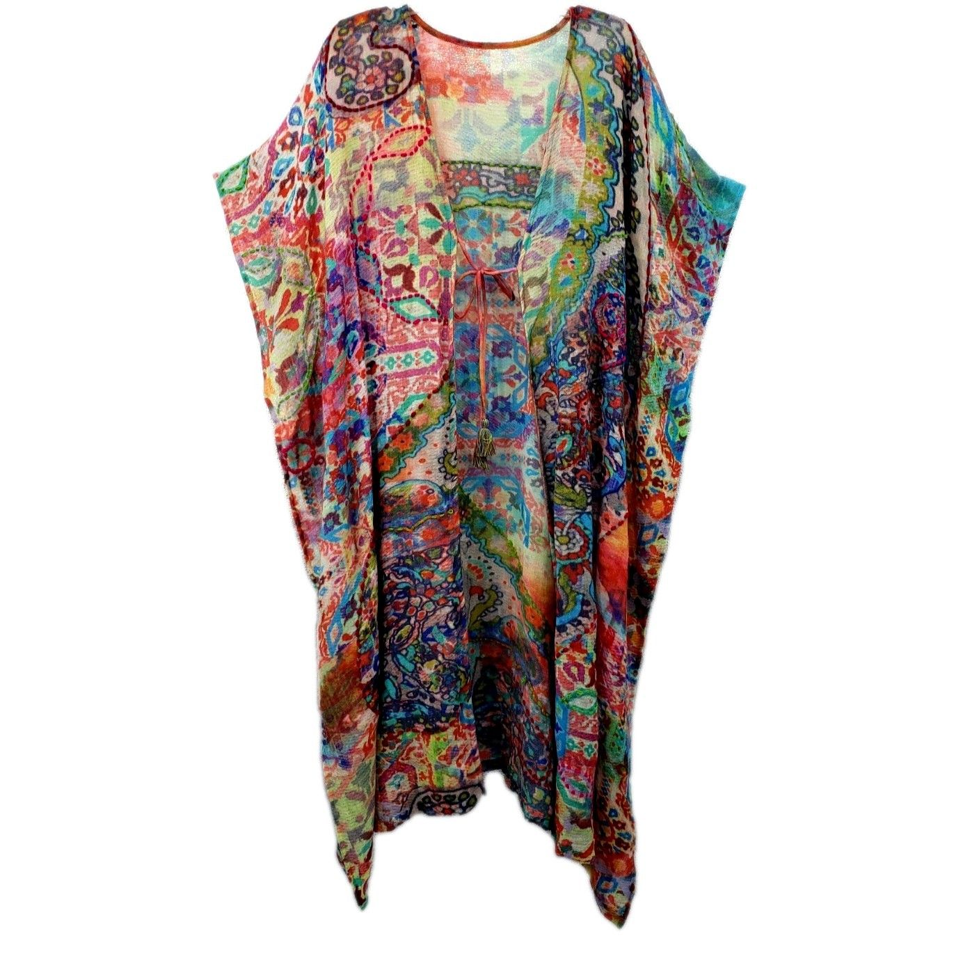 Dolma Cover Up O/S Multicolor Wool Silk Blend Embroidered Tassel Ties Resort